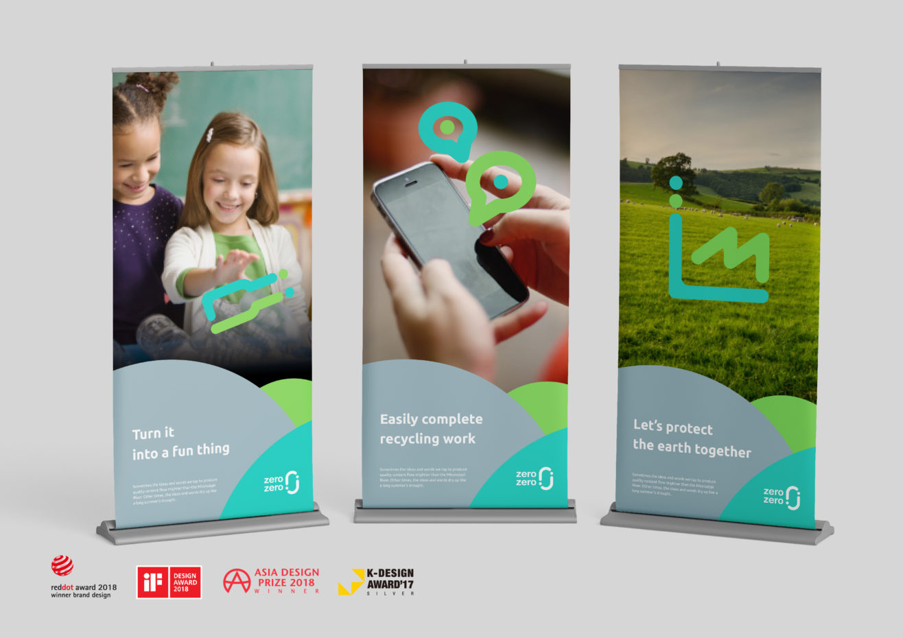 Process普羅案例「zerozero」，zero zero是由台灣的大豐環保科技股份有限公司創建的多功能線上平台，普羅以鮮明的兩種綠色作為品牌識別色，並以微笑的曲線呈現其標誌的模態，象徵對環境和人類友好的品牌性格。