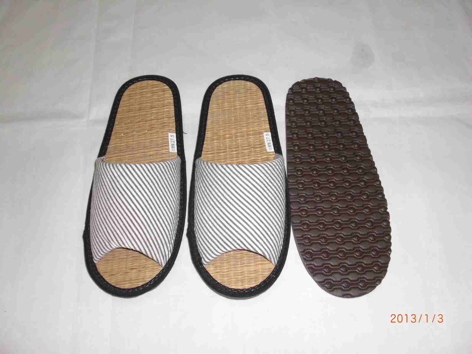 大頭條紋草蓆底開口布面拖