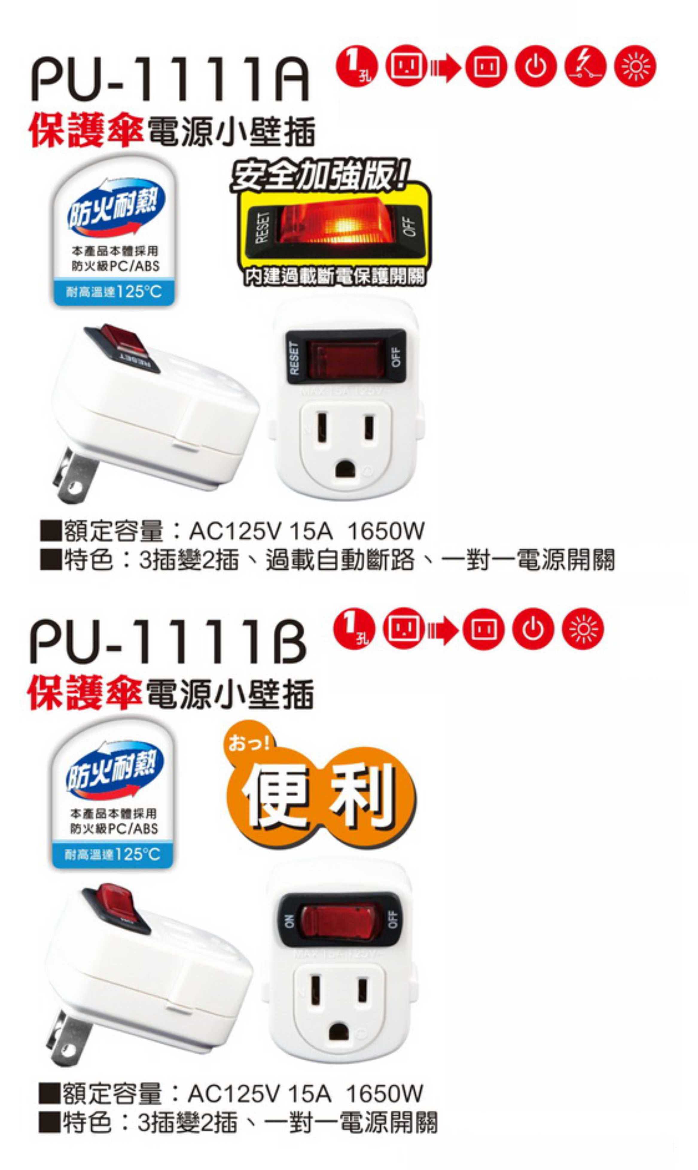 2極接地型 125V 電源轉接器