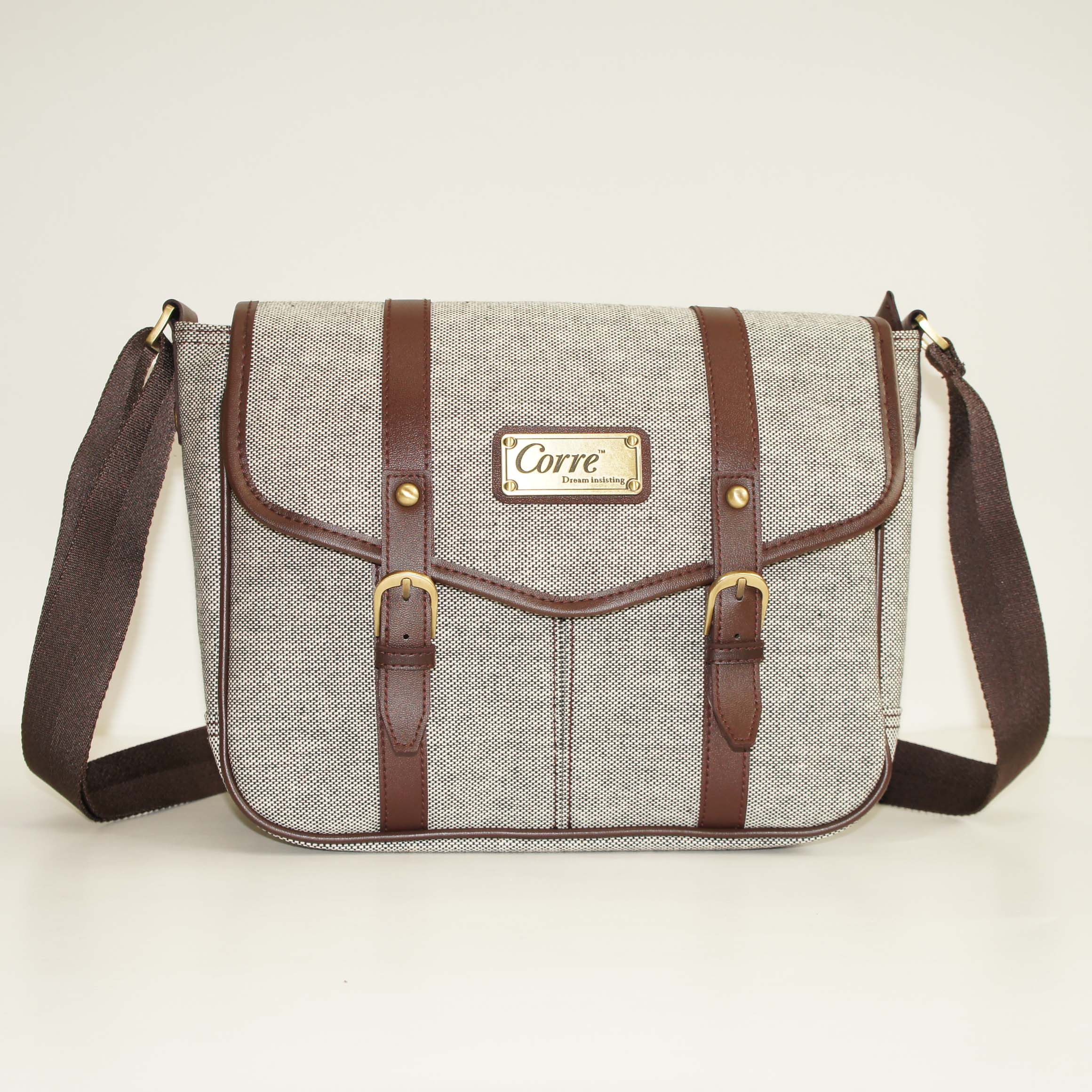 亞麻中型雙帶扣書包