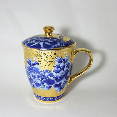平口杯-全鎏金青花牡丹