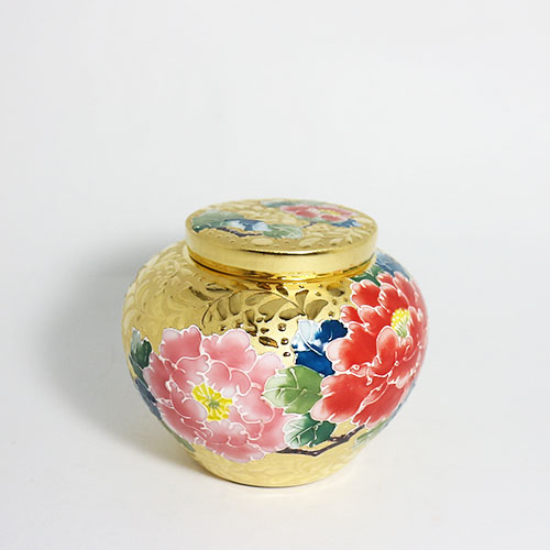 圓茶罐-全鎏金彩色牡丹