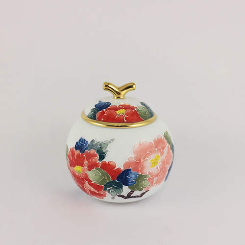 一心二葉茶罐-彩色牡丹