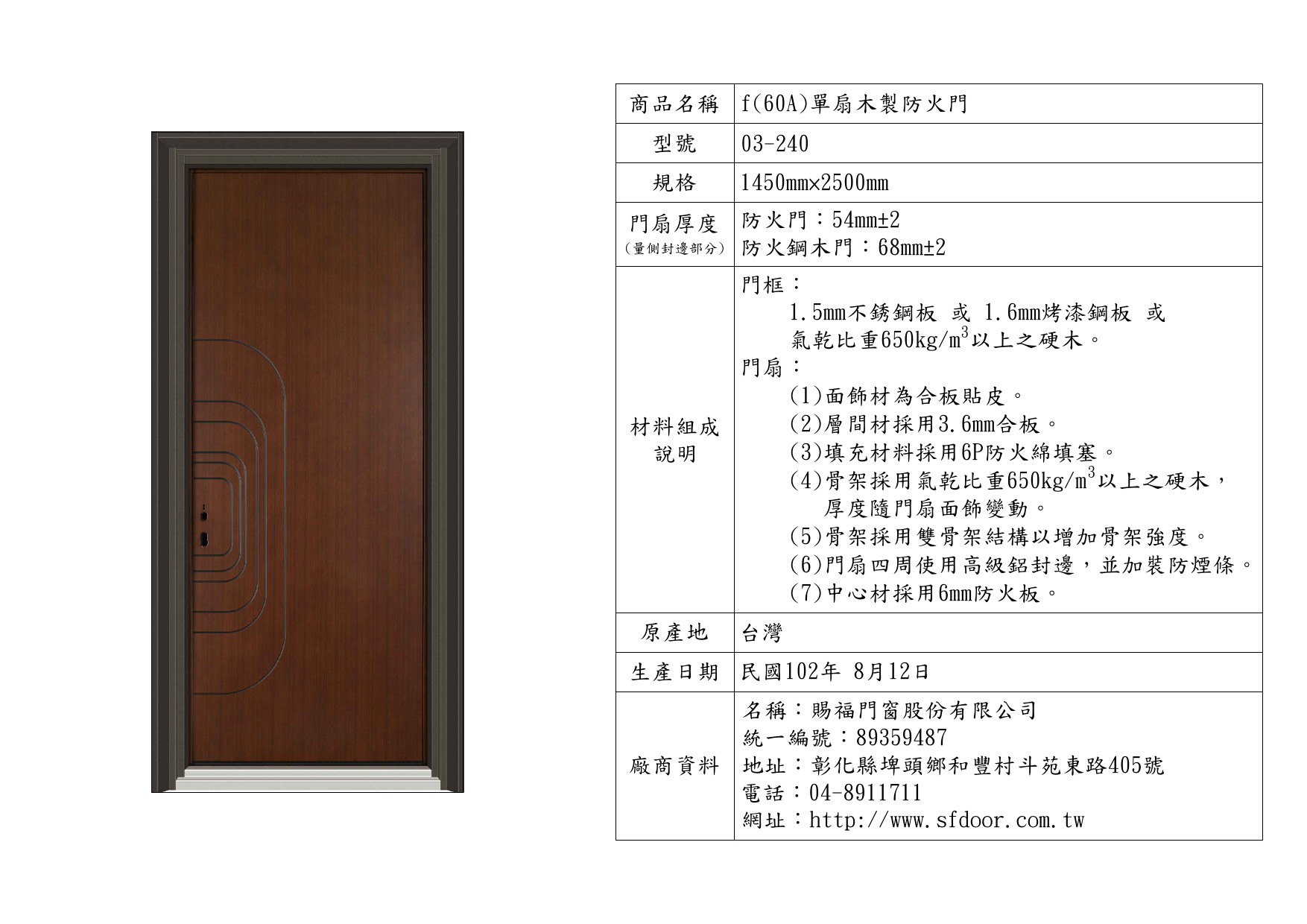 單扇木製防火門