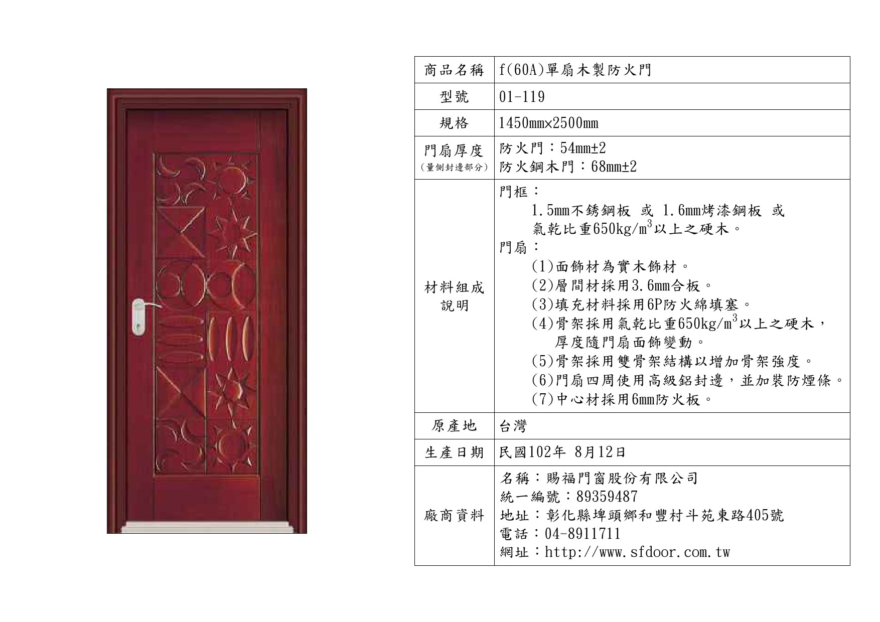 單扇木製防火門