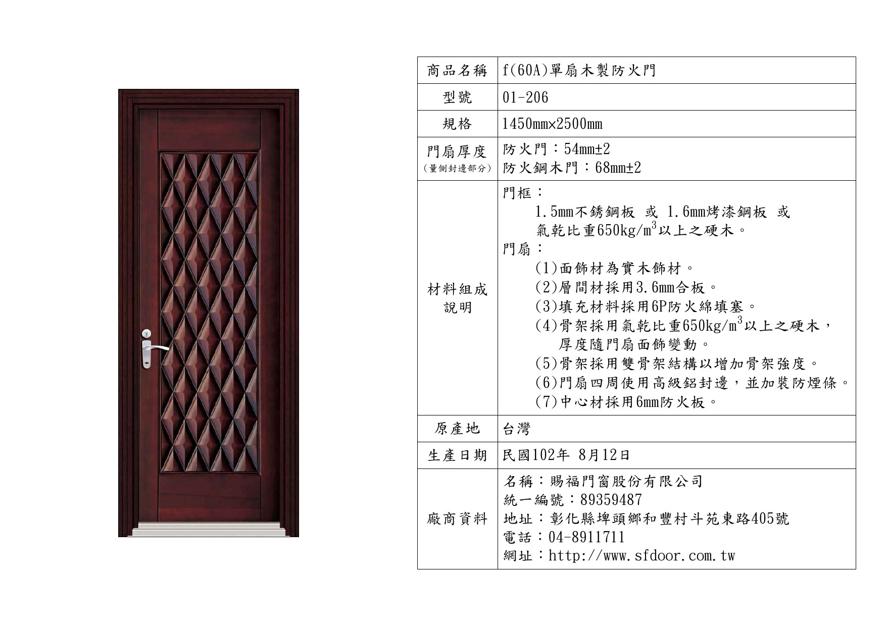 單扇木製防火門