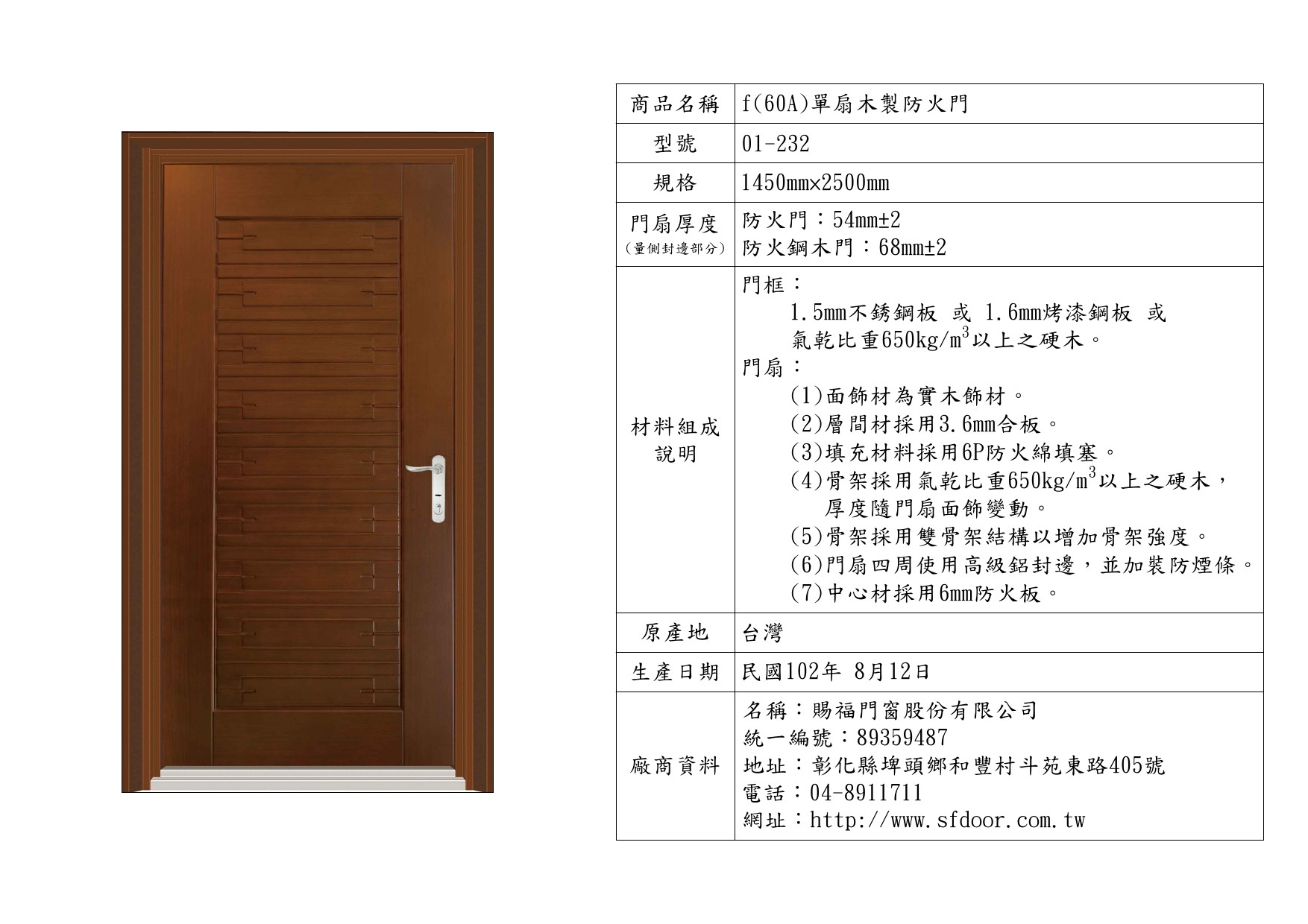 單扇木製防火門