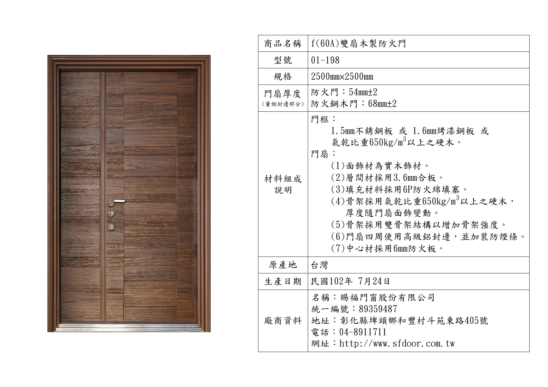 雙扇木製防火門