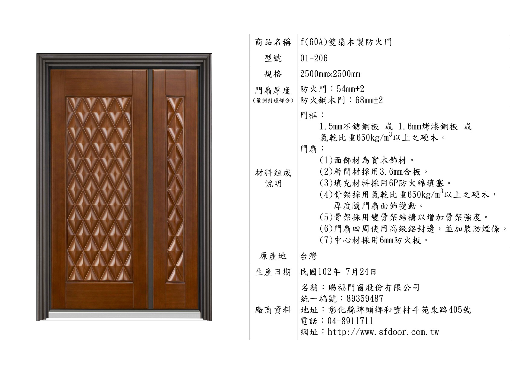 雙扇木製防火門