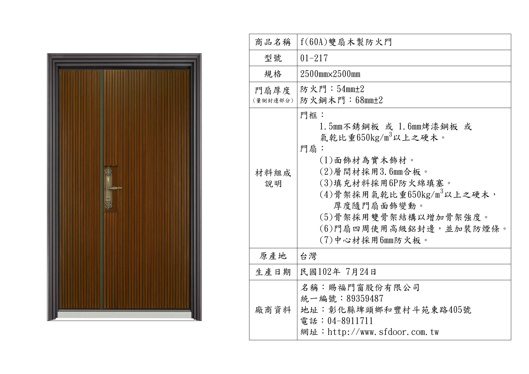 雙扇木製防火門